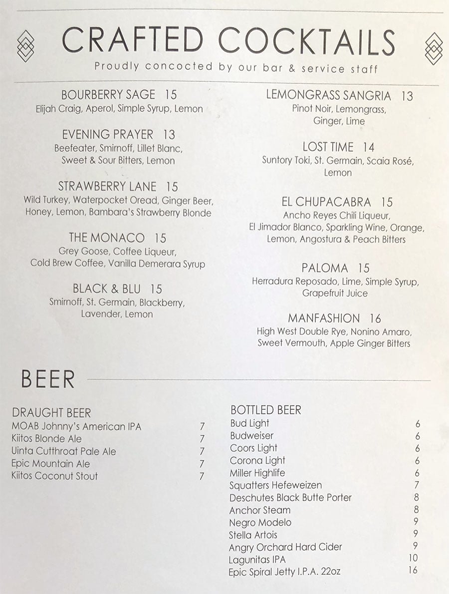 The Vault menu - craft cocktails, beer