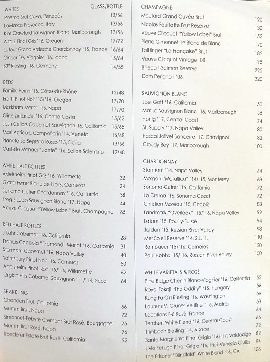 The Vault menu - wine