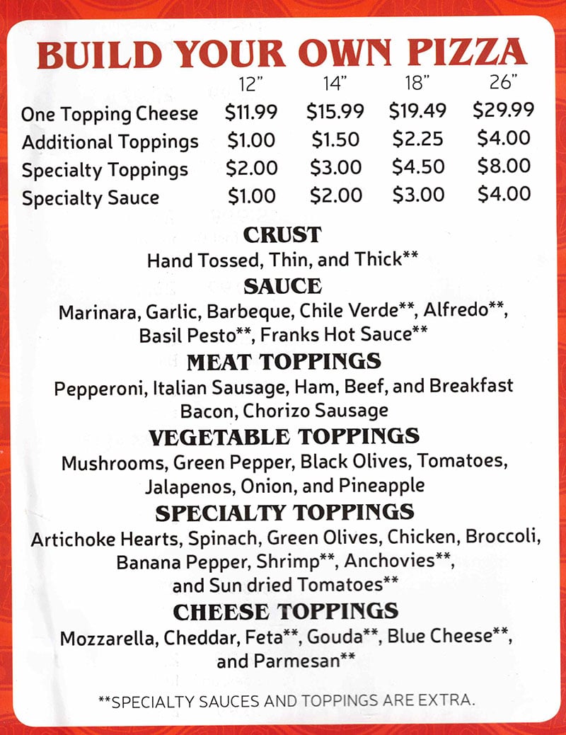 Big Daddy's Pizza menu - build your own pizza
