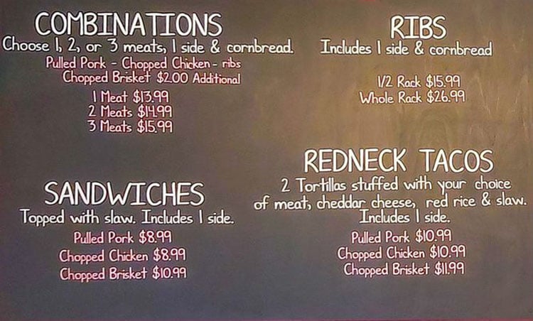 Charlotte Rose's Carolina BBQ menu - combos, sandwiches, ribs, tacos