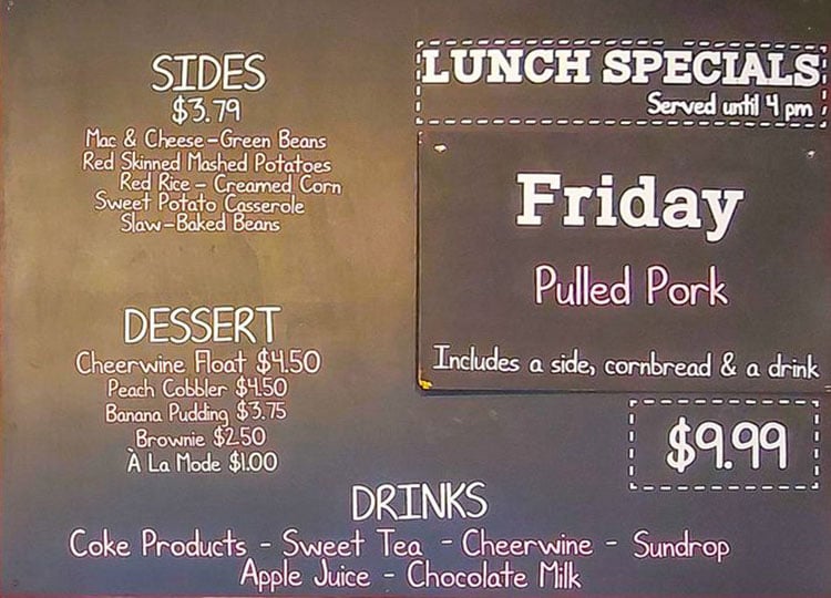 Charlotte Rose's Carolina BBQ menu - sides, desserts, drinks