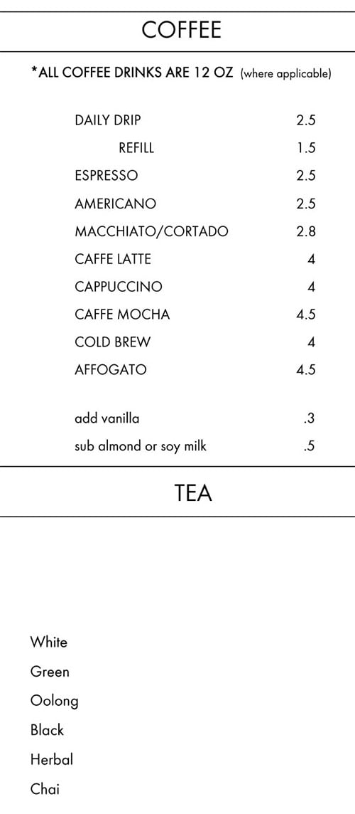 Elevo menu - coffee, tea