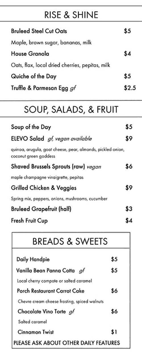 Elevo menu - rise and shine, soup, salads, fruit, breads, sweets