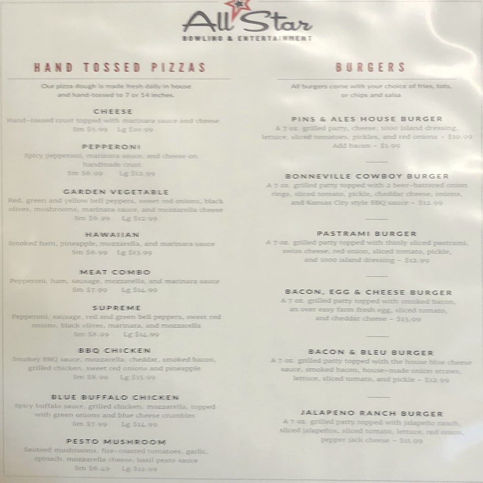 Pins And Ales menu - pizzas, burgers