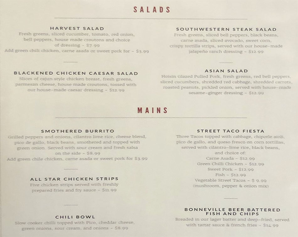 Pins And Ales menu - salads, mains