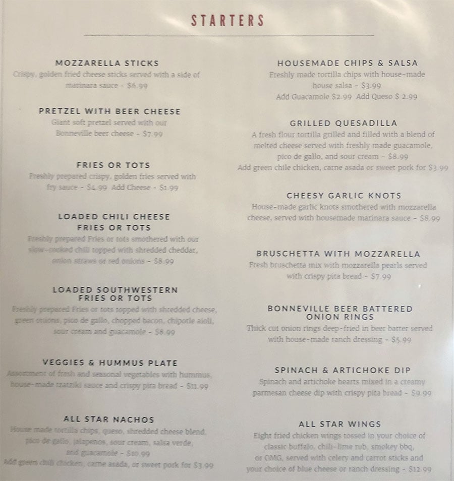 Pins And Ales menu - starters