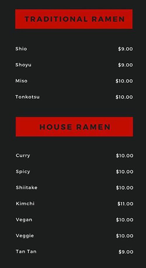 Koi Ramen menu - ramen