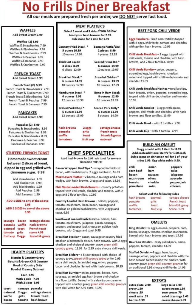 No Frills Diner menu - breakfast