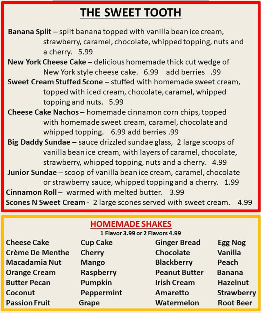 No Frills Diner menu - dessert, shakes