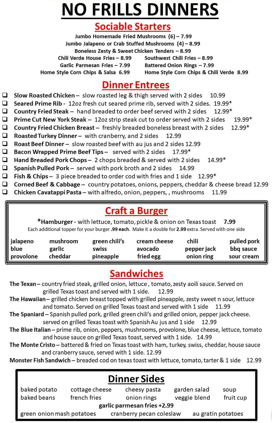 No Frills Diner menu - dinner