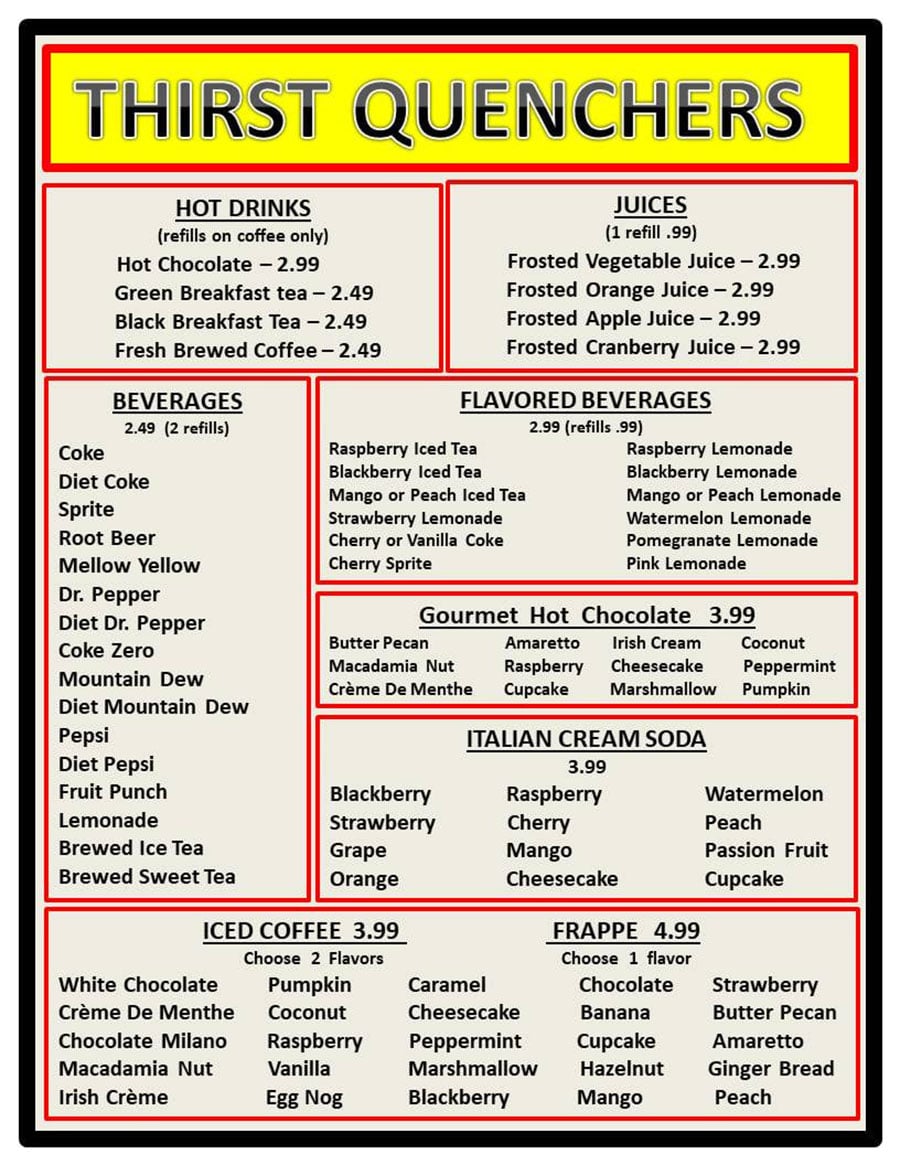 No Frills Diner menu - drinks