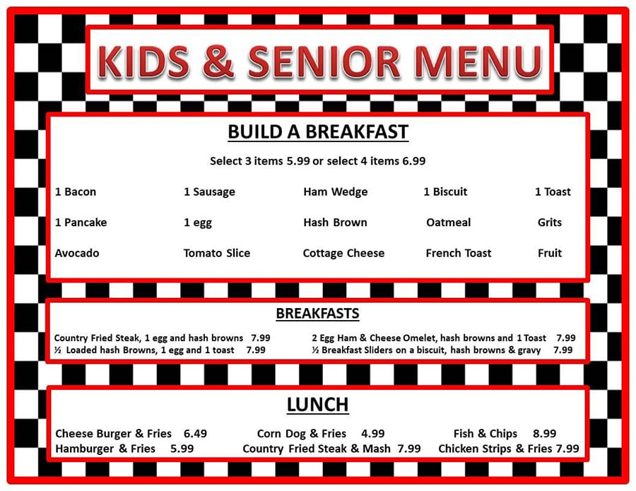 No Frills Diner menu - kids, seniors