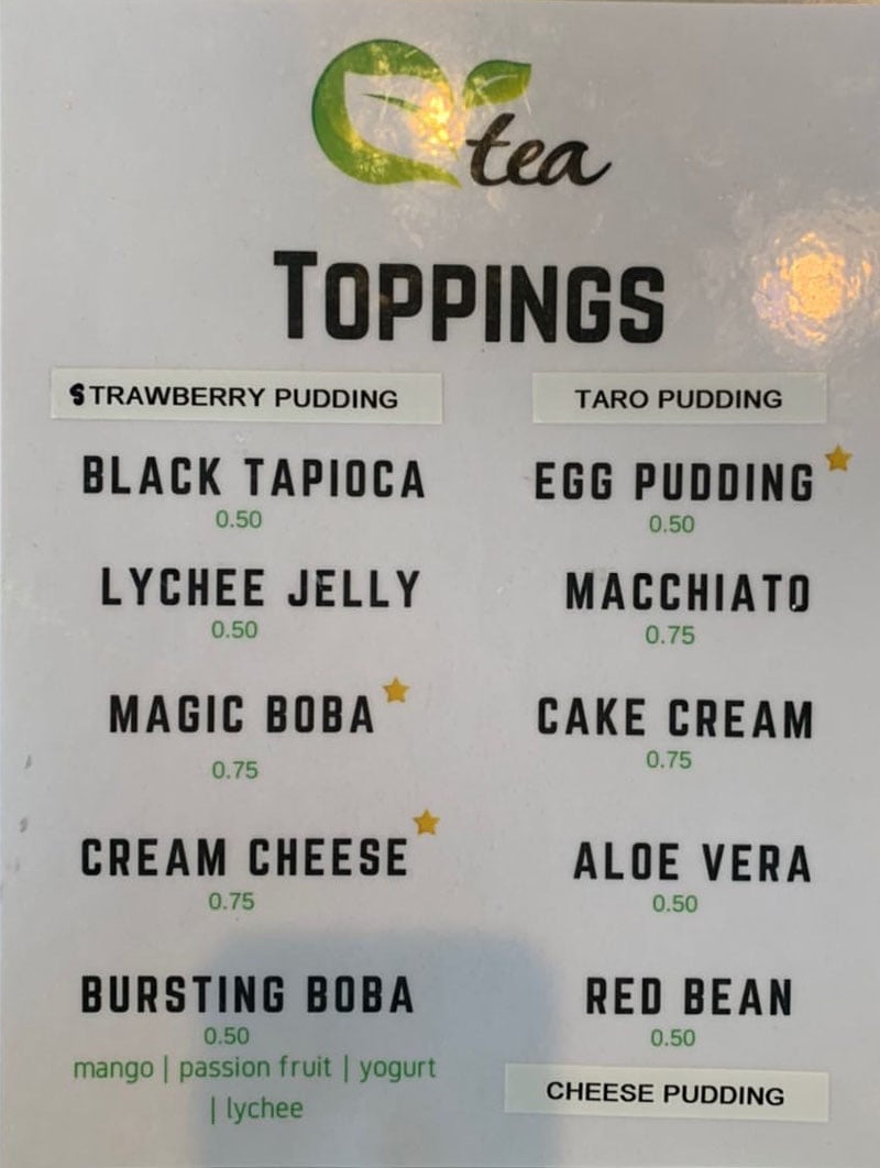 Queen Tea menu - tea toppings