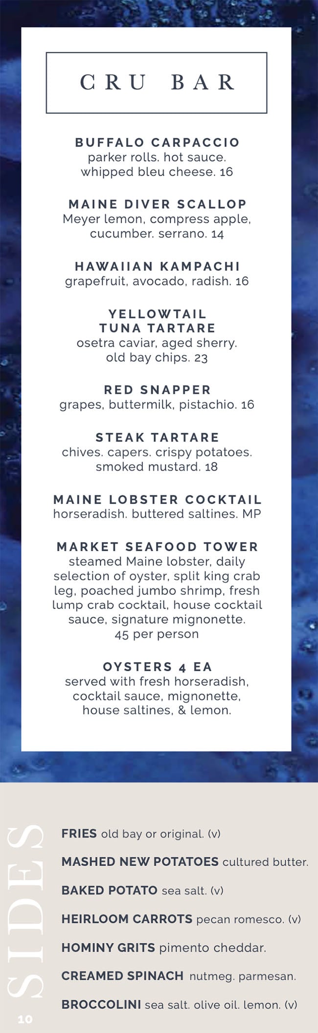 RIME Seafood And Steak menu - cru bar, sides