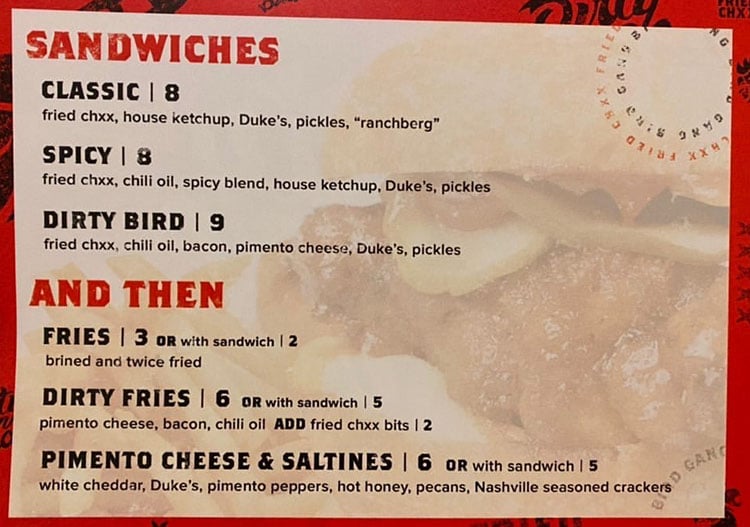 Dirty Bird menu