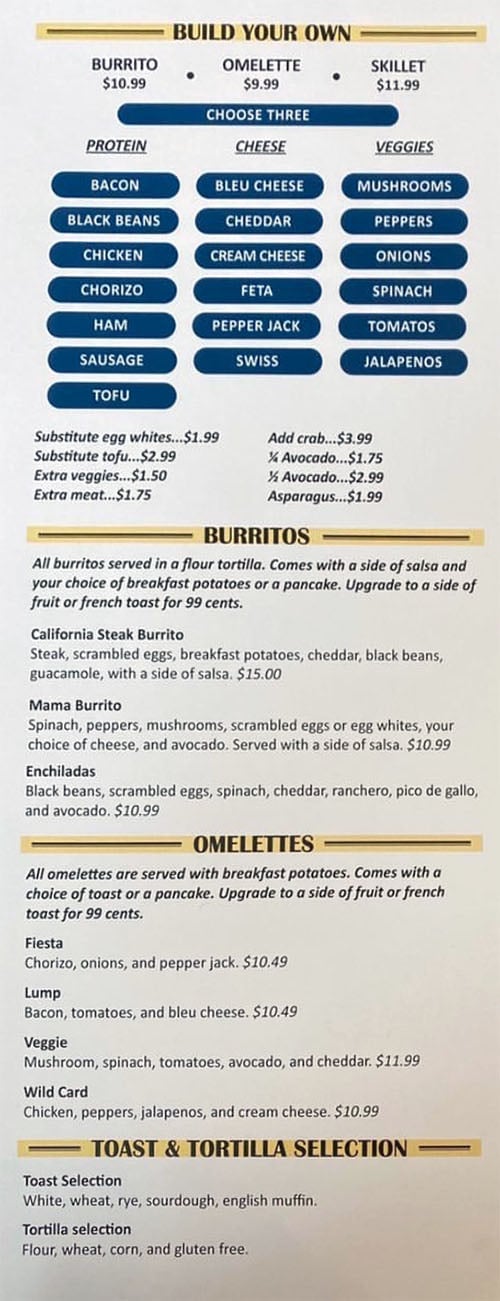 Eggs In The City menu - build your own, burritos, omelettes, toast,tortilla