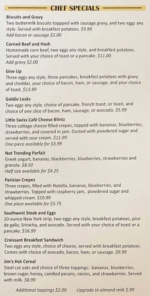 Eggs In The City menu - chefs specials