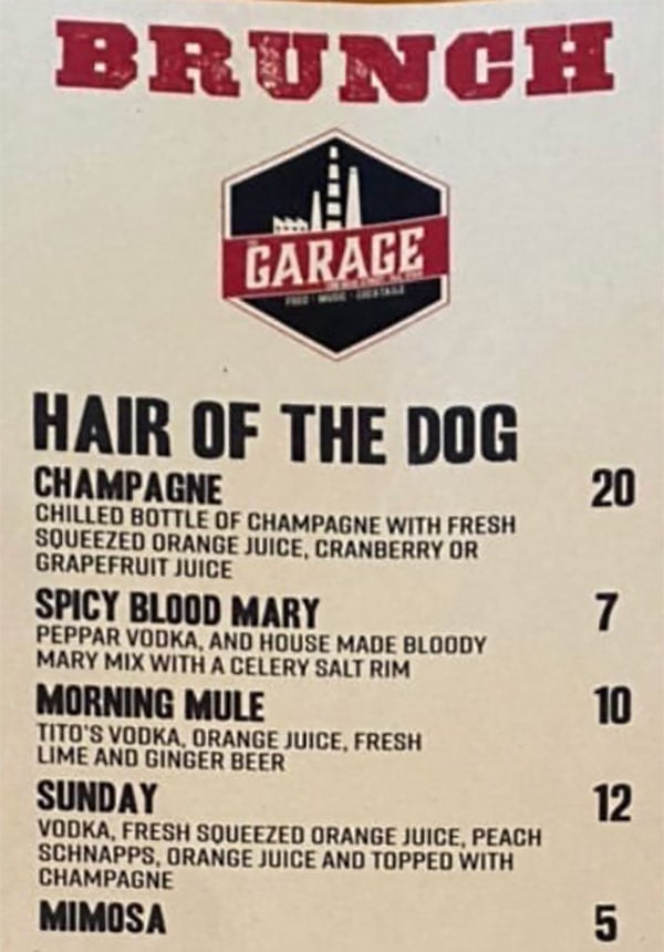 Garage On Beck brunch menu - hair of the dog