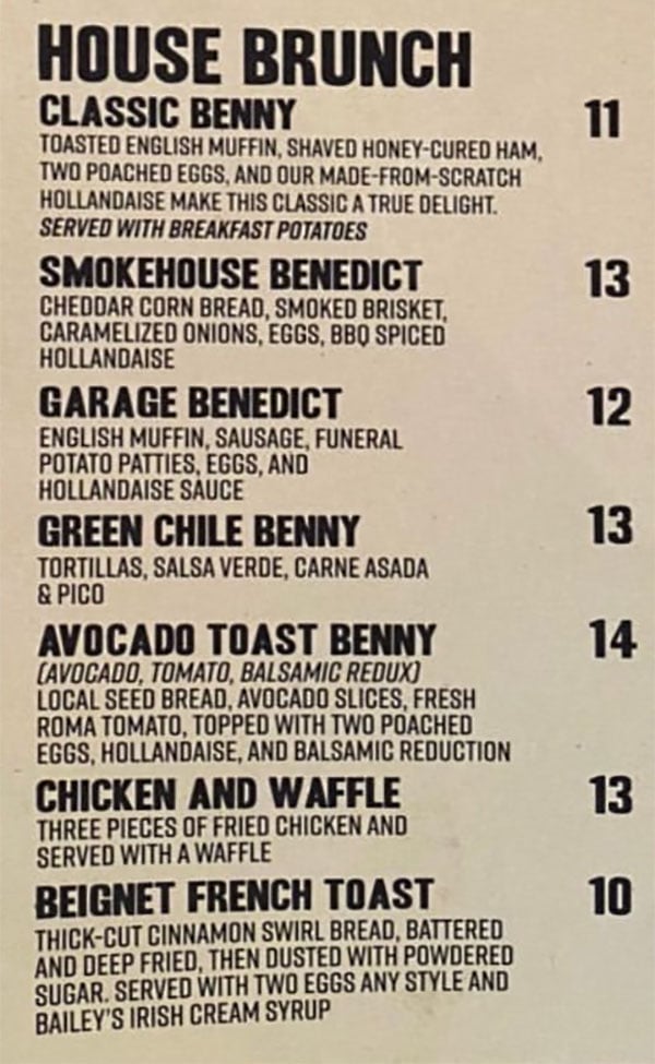 Garage On Beck brunch menu - house brunch