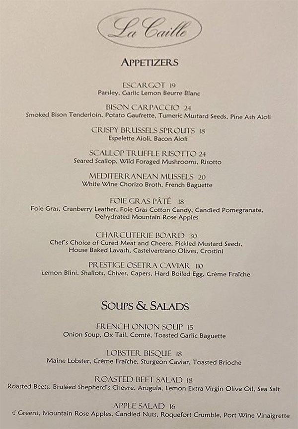 La Caille menu - appetizers