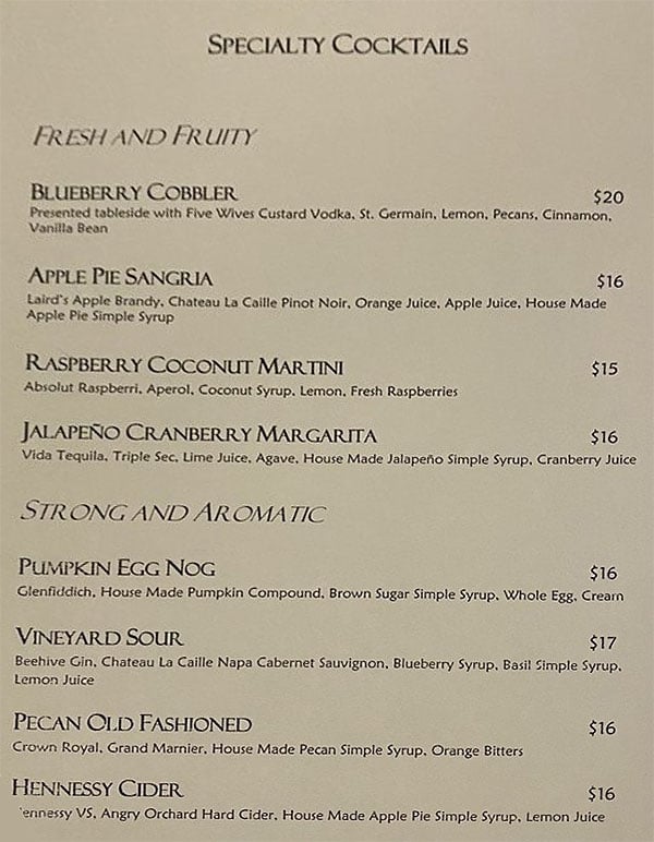 La Caille menu - cocktails