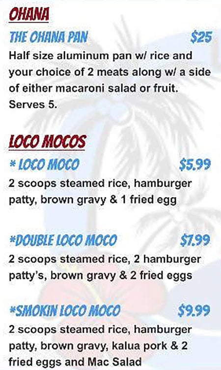 Leila's Luau menu - ohana, loco moco
