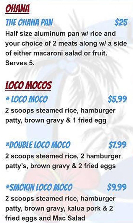 Leila's Luau menu - ohana, loco moco