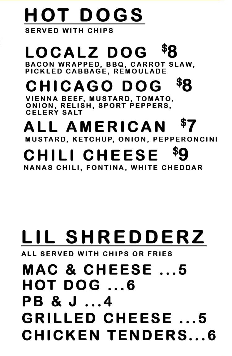 Localz Bistro menu - hot dogs, kids