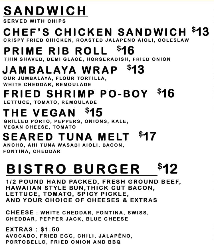 Localz Bistro menu - sandwiches, burgers