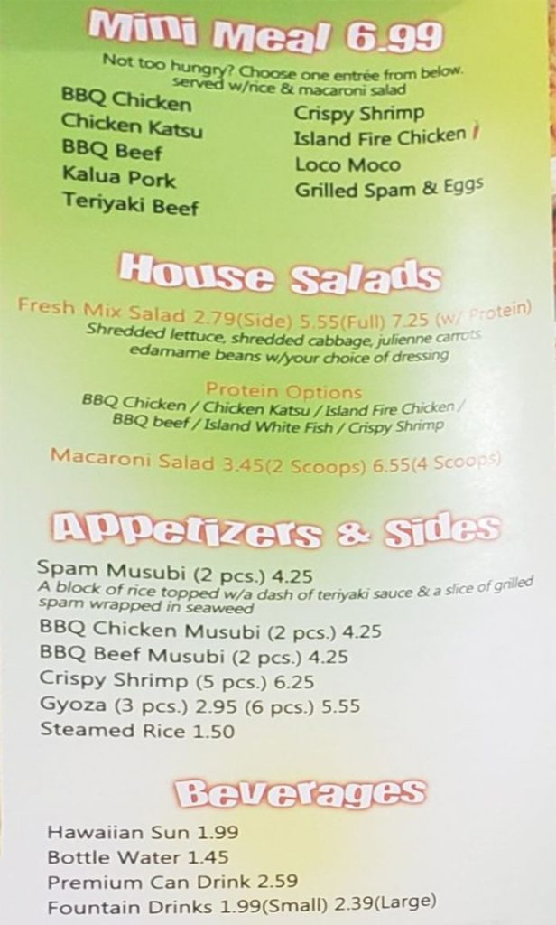 Lolo Hawaiian BBQ menu - mini meal, salads, appetizers, sides, beverages