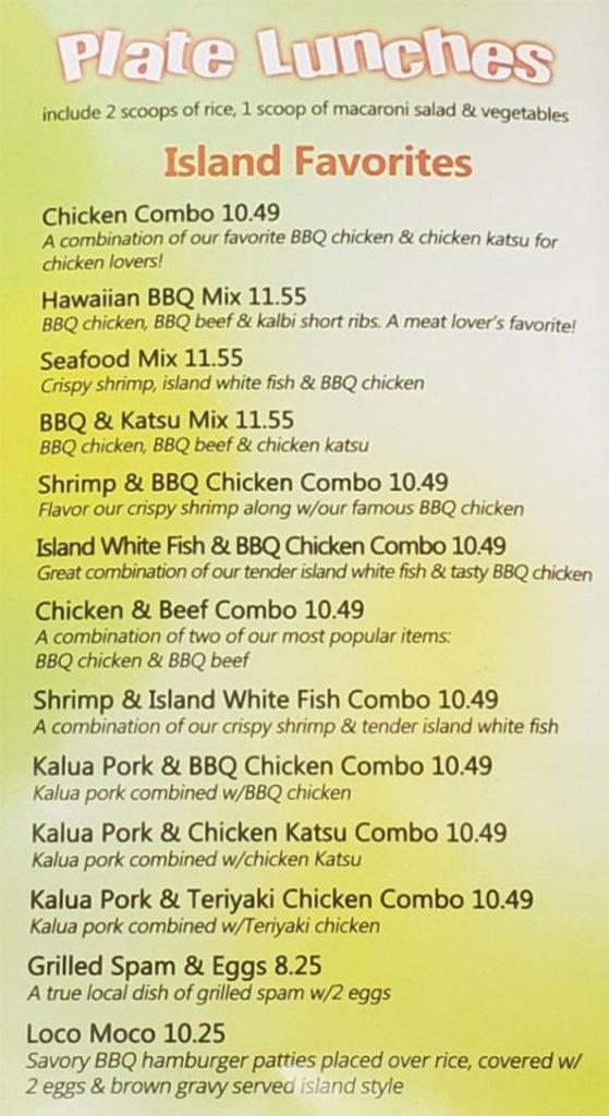 Lolo Hawaiian BBQ menu - plate lunches