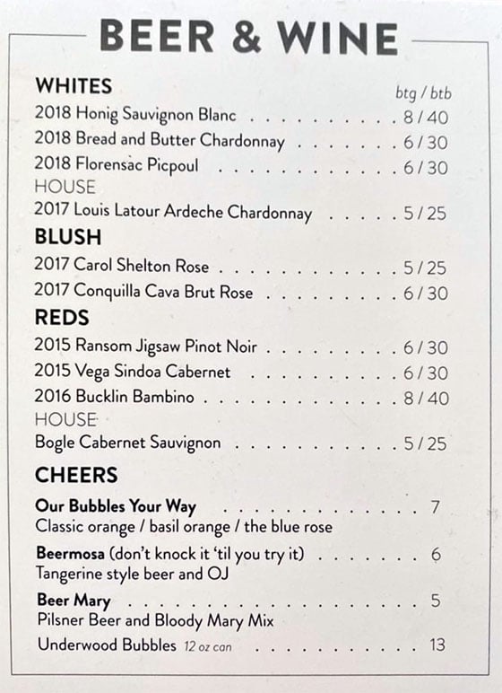 Root'd Cafe menu - beer and wine