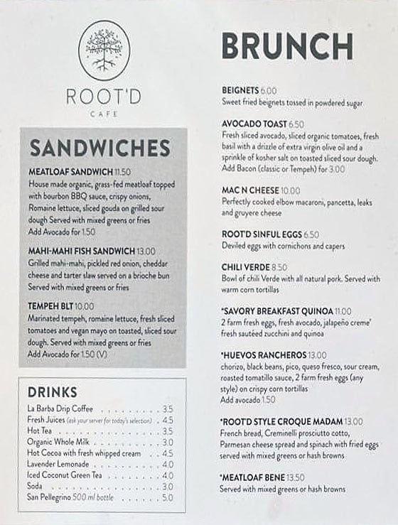 Root'd Cafe menu - brunch, sandwiches