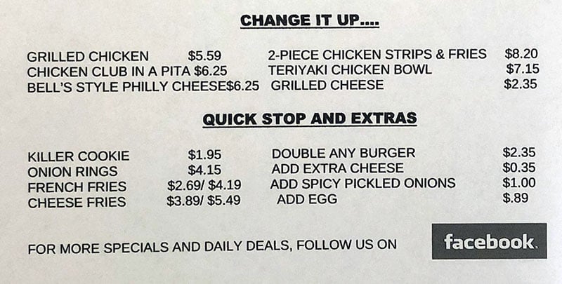 Bell's Deli menu - change it up, quick stop, extras