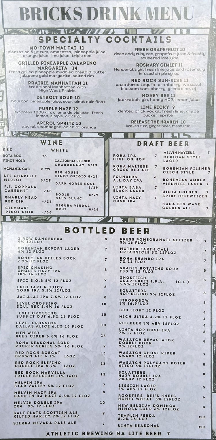 Bricks Corner 2023 menu - drinks