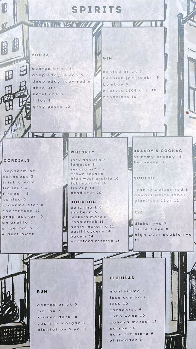 Bricks Corner 2023 menu - spirits