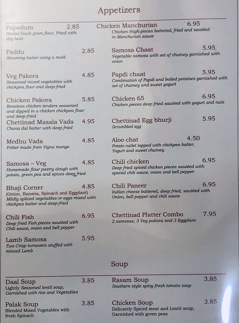 Chettinad House menu - appetizers, soup