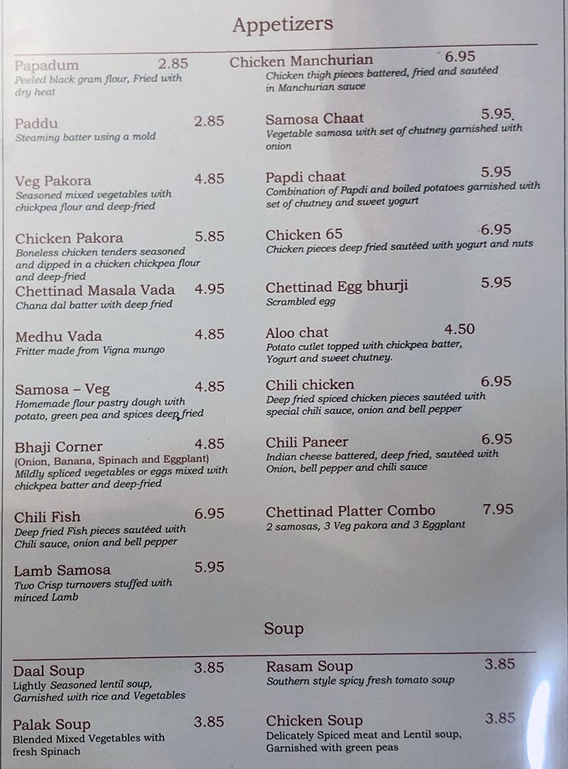 Chettinad House menu - appetizers, soup