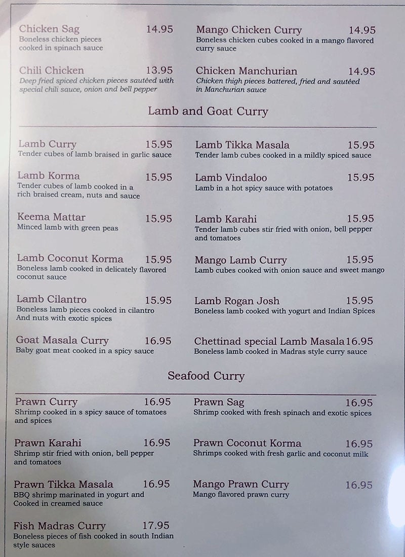 Chettinad House menu - chicken continued, lamb and goat curry, seafood curry