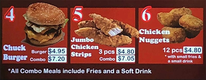 Chuck's Burger menu continued