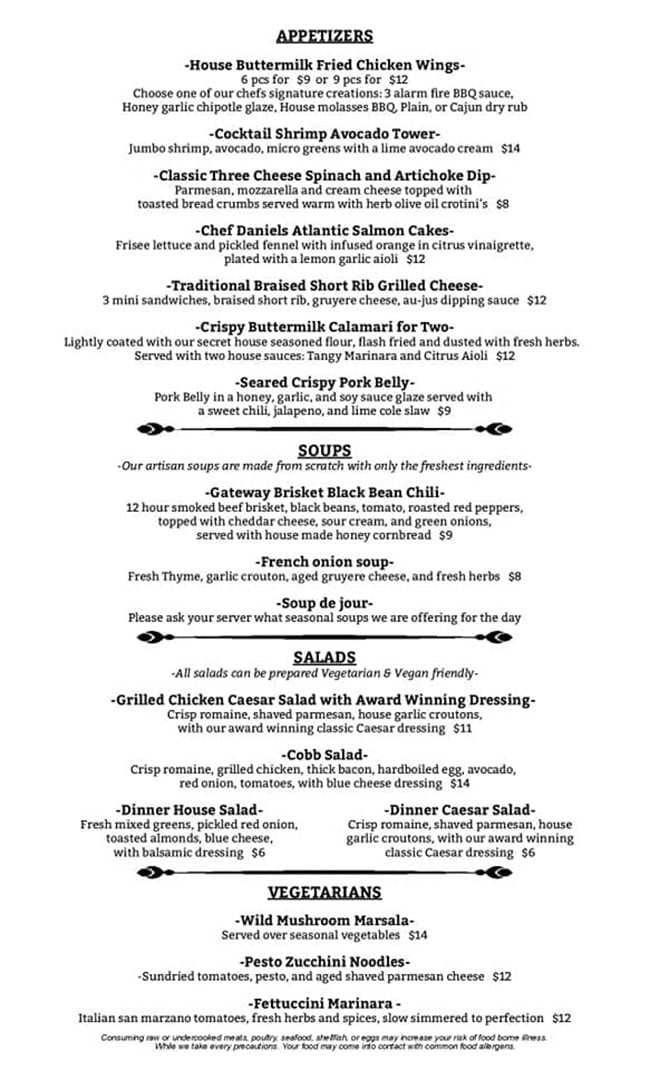 Gateway Grille menu - appetizers, soups, salads, vegetarian