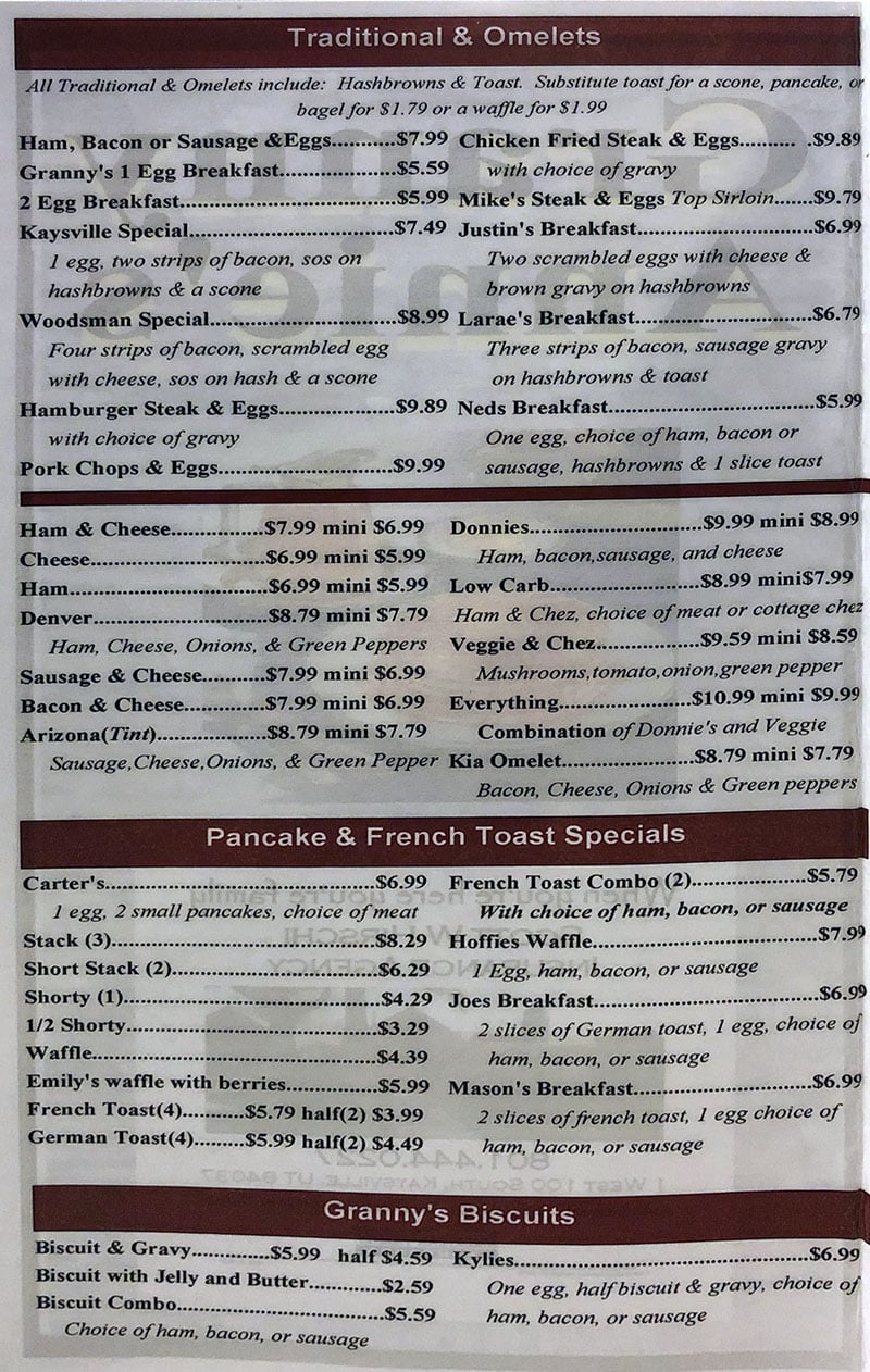 Granny Annie's Family Restaurant menu - omelets, pancakes, biscuits