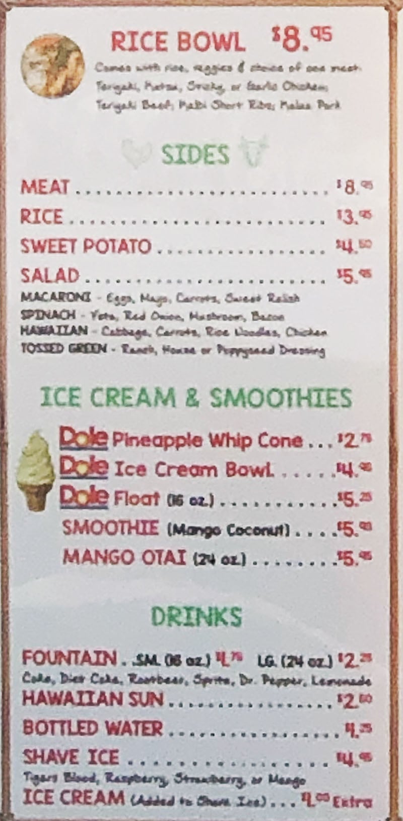 Moki's Hawaiian Grill menu - rice bowls, sides, ice cream, smoothies, drinks