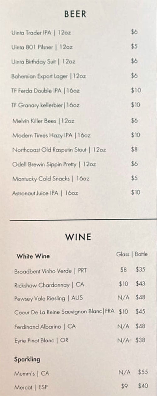 Nomad East menu - beer, wine