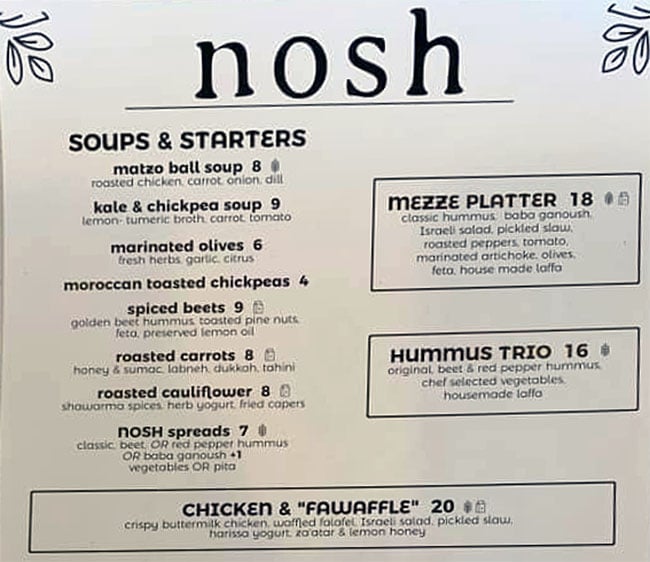 Nosh Park City menu - soups, starters, mezze