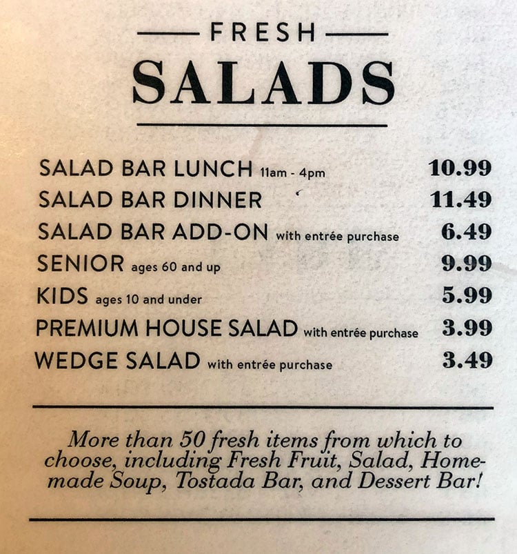 Sizzler menu - salads