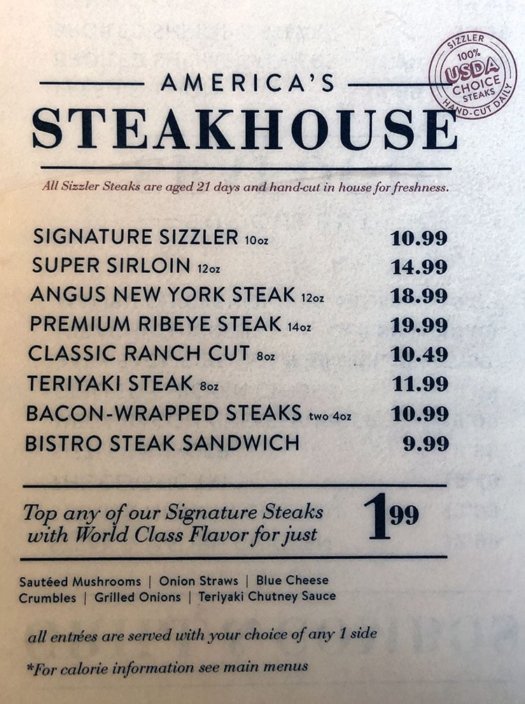 Sizzler menu - steaks