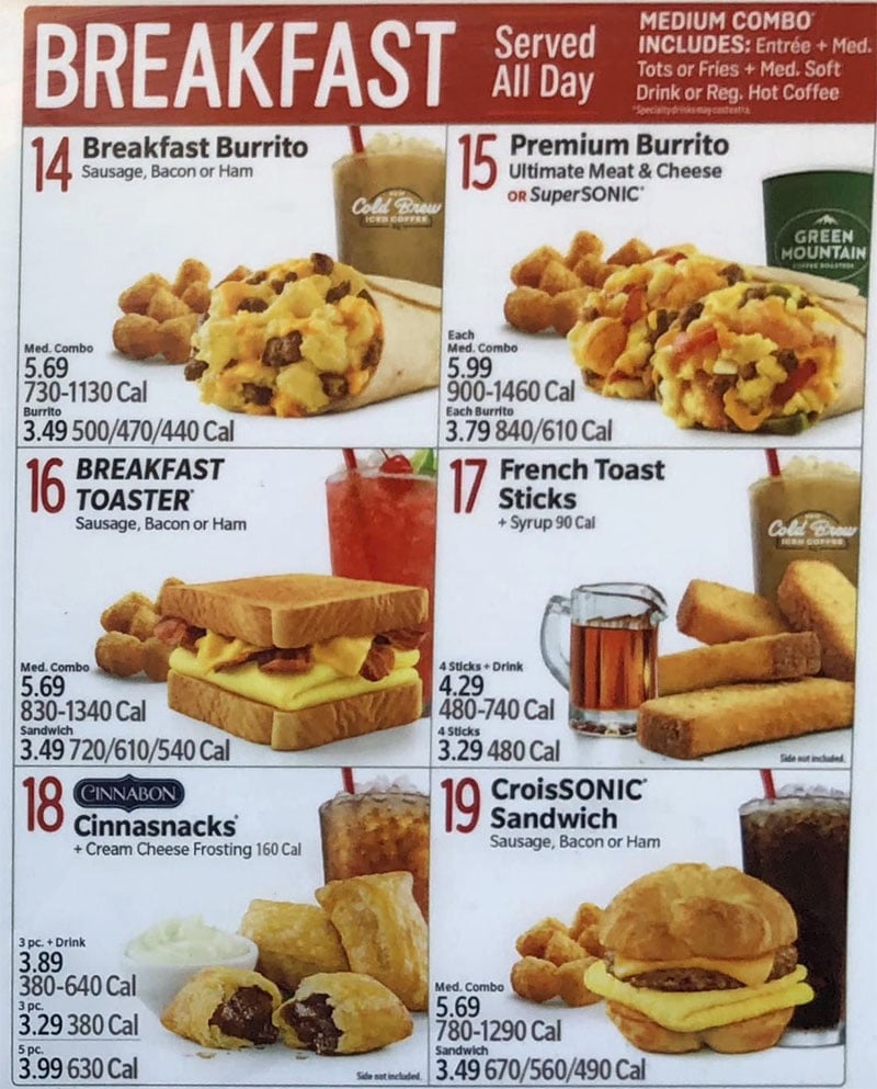 Sonic Drive-In, Menu