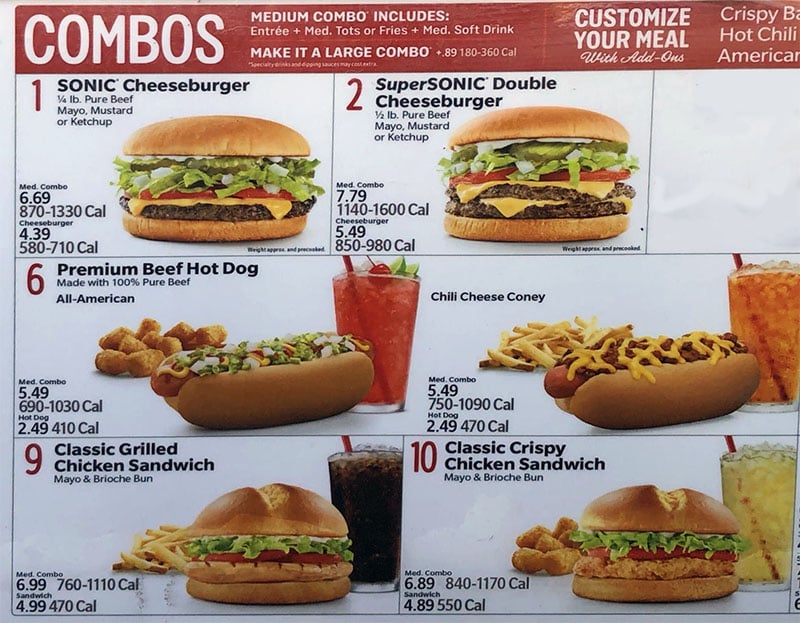 Sonic Drive-In menu - combos