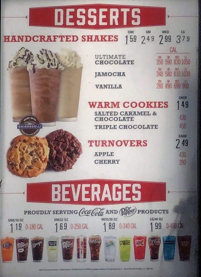 Arby's menu - desserts, beverages